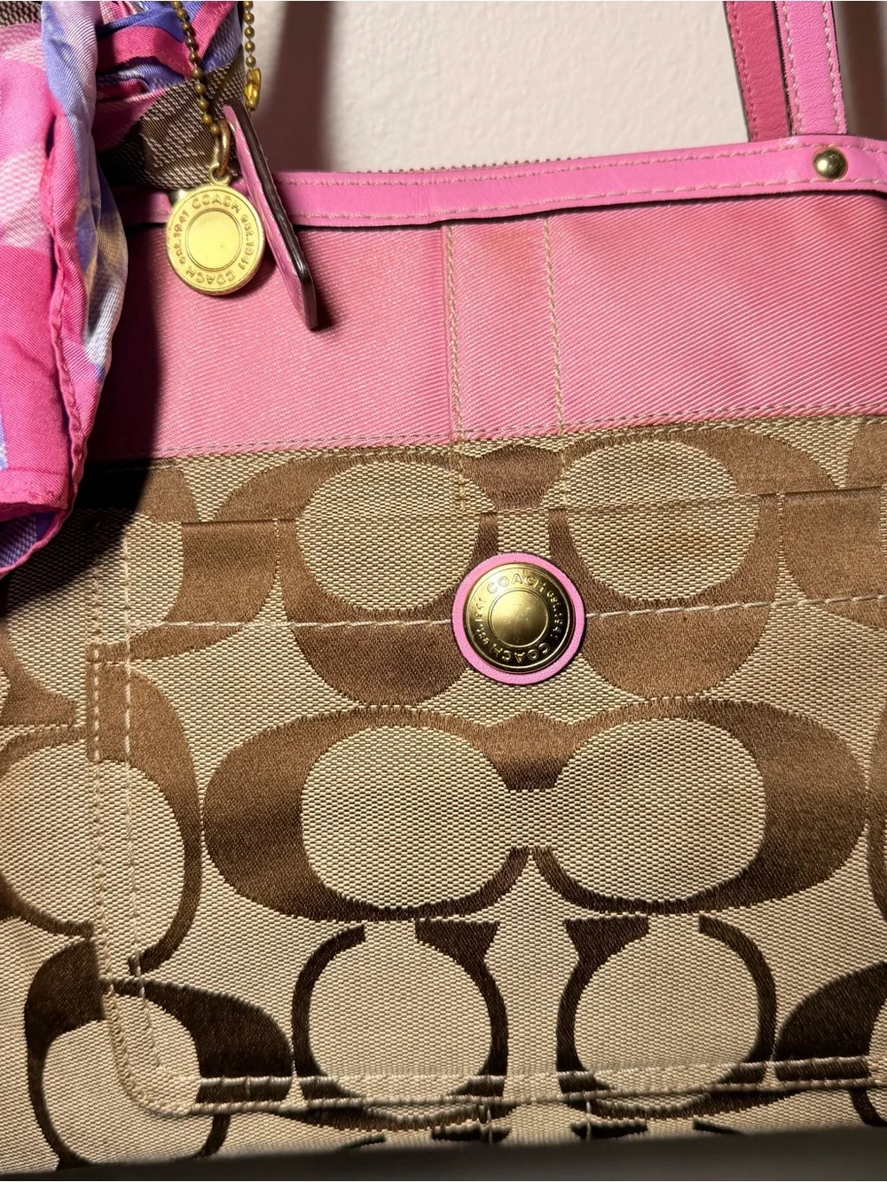 Coach Pink Trim Signature Canvas Tote Bag Y2K